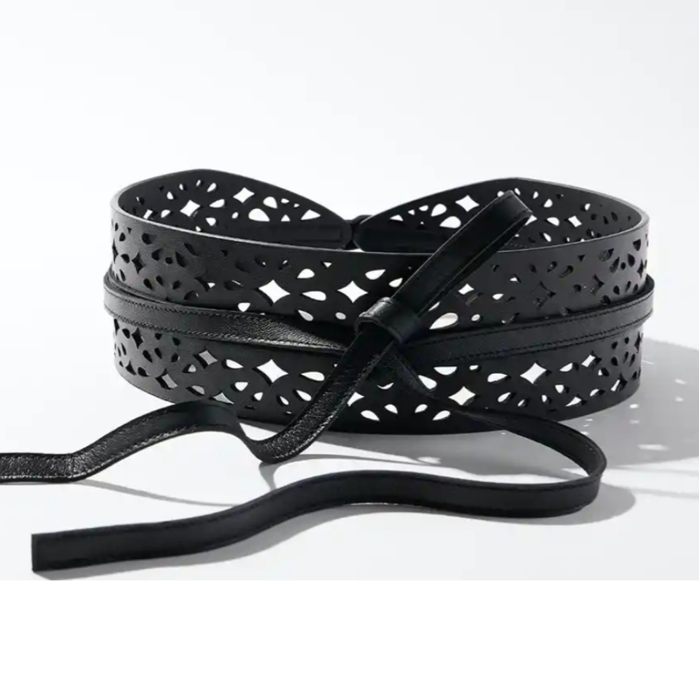 WHBM Black Leather Cut Out Obi Belt